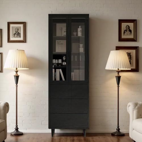 TUSY 70.9“ H Book Shelf with Drawers, 7-Tier Bookcase with Glass Doors, Display Curio Cabinet, Office Storage Cabinet, Narrow Display Bookcase for Home, Office, Clinic, Pantry (Black)