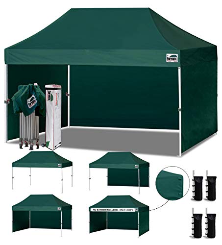 Image of Eurmax USA 10x15 Pop Up Canopy Tent,Commercial Tent with Patented No-Tip Rolling Bag,4 Zippered Removable Walls,UV & Water Resistant Canopy Top,Heavy Duty Outdoor Gazebo,Instant Shelter(Forest Green)