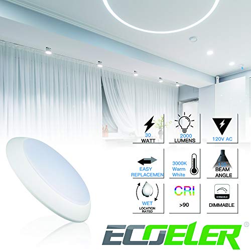 Ecoeler 8Inch Led Dimmable Disk Light, 30W, 3000K Warm White, 2000 Lm, Surface Mount Led Ceiling Light, Wet Rated, White Aluminum Baffle Trim Matte Shower Waterproof Led Lights #TOP1
