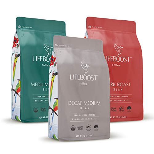 Lifeboost Coffee Whole Bean Coffee - 3 Pack Bundle - Low Acid Dark Roast, Medium Roast & Decaf #TOP18