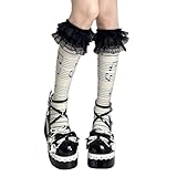 Tmboryuu Baumwoll Kniestrümpfe für Damen, Rüschen Spitzen Oberteil, japanischer Totenkopf Musiknoten Aufdruck, Strümpfe für Tanz und den täglichen Gebrauch, einheitliche passende Socken