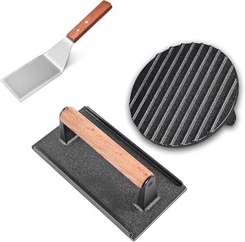 Hmseng Burger Press 7 Round & 8.2‘’X4.3”Rectangle,Heavy-Duty Cast Iron Grill Press with Wood Handle, Bacon Press,Sandwich Press -2 Set