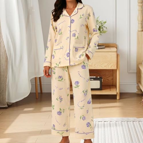 Womens Pajama Sets Pajamas Cotton 2 Piece Button Down Matching Sleepwear M - image 2