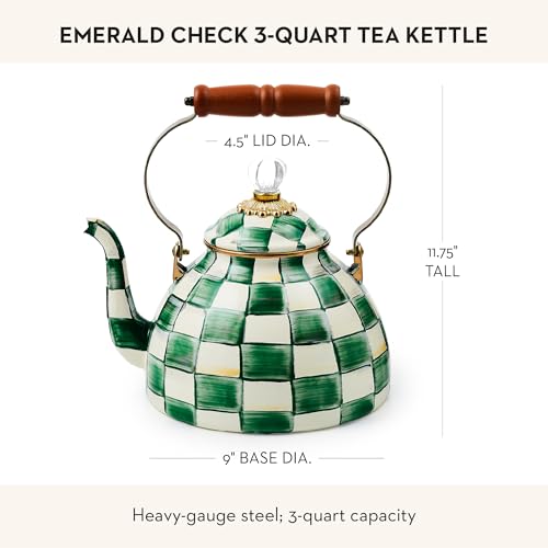 Image of MACKENZIE-CHILDS Tea Kettle, 3 Quarts, Green-and-White Emerald Check