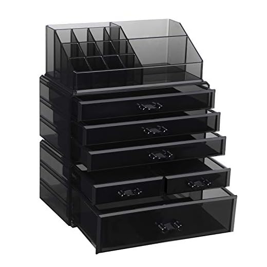 SONGMICS Organizador de Maquillaje AcrÍlico Grande, Caja de CosmÉticos Apilable con 6 Cajones, para Paleta, Cepillo, Base de Maquillaje, LÁpiz Labial, Esmalte de uÑas, Negro JKA009BK