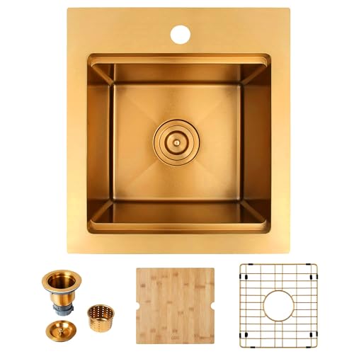 LQS Brushed Gold Finish Kitchen Sink, Small Gold Drop In Bar Sink 16” x 18” with Cutting Board, 16 Gauge Stainless Steel Golden Kitchen Sink, 10” Depth For Daily Use, Outdoor and Prep Use by LQS - Image 2