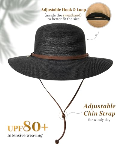 FURTALK Womens Wide Brim Sun Hat with Wind Lanyard UPF Summer Straw Sun Hats for Women Black