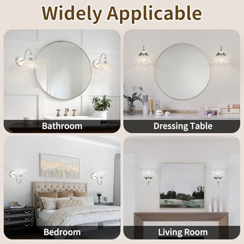 Image of 1 Piece Brushed Nickel Wall Sconce with Floral Clear Glass Shade, Brushed Nickel Finish Wall Mount Lighting for Bathroom, Modern Bathroom Vanity Light Fixture