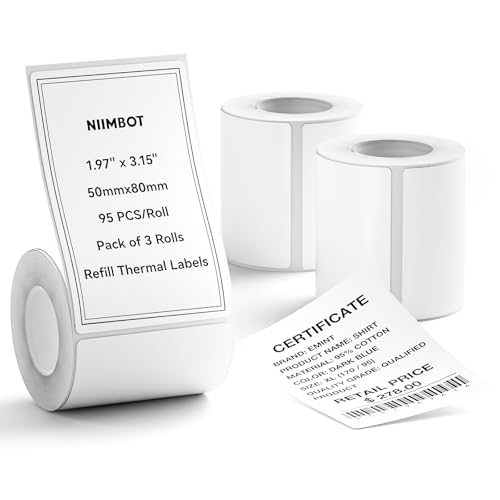 NIIMBOT 3 Rolls Set Label Tape for B1/B21/B3S Label Printer 1.97 x 3.15 (50x80mm) Waterproof Thermal Label Tape for Product Info/Address/Barcode/Price (White)