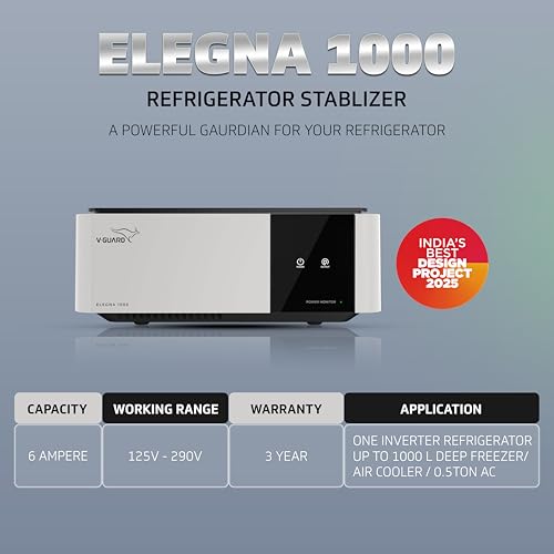 Image of V-Guard Elegna 1000 Stabilizer for Inverter Refrigerator up to 1000 Litre | India's Best Design Project | Wide Input Voltage Range (Working Range 125 VAC-290 VAC) | 3 Year Warranty by V-Guard | Grey