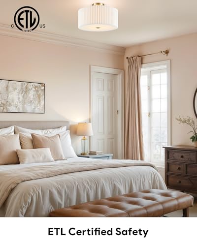 Image of VONLUCE Semi-Flush Mount Ceiling Light 15.7 inch, 3-Light Drum Light Fixture | White Pleated Shade with E26 Sockets, Light Fixture for Nursery, Bedroom, Entryway, Hallway, Bronze Finish, ETL Certified