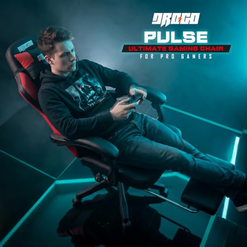 Image of DROGO Pulse Ergonomic Gaming Chair | High Back Office Computer Chair with Premium PU Leather, Adjustable Height & Linkage Armrest | Lumbar Support, 165 Recliner & Footrest | 1 Yr Warranty (Red)