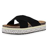 plateau sandalen flach  SCARPE VITA Damen Sandaletten Plateau Pantoletten Sommer Schuhe Ethno Schlappen Nieten Korkoptik Plateauschuhe 180063 Schwarz Blumen 38