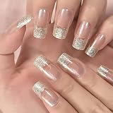 iMABC Nude Transparent Glitter French Press on False Nails Medium Squoval Fake Nail Art Tips Salon M