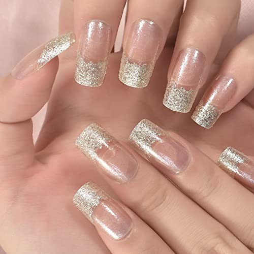 Imabc Nude Transparent Glitter French Press On False Nails Medium Squoval Fake Nail Art Tips Salon Manicure Reusable Fingernails Artifical Diy Nail Polish Free With Nail Tools #TOP9