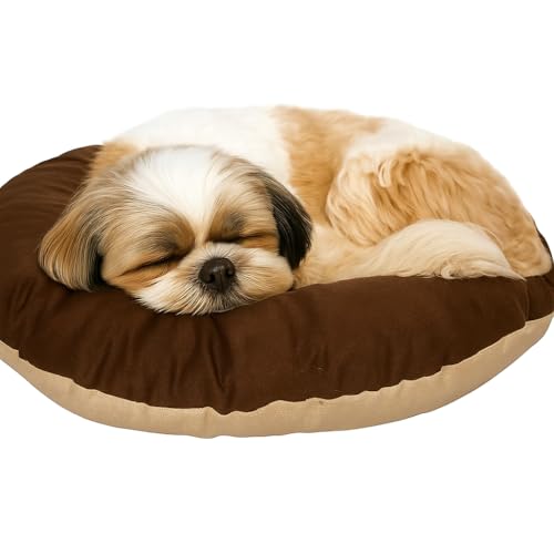 Image of The Pets Company Calming Dog & Cat Bed | Soft Fluffy Donut Reversible, Washable Pet Bed for Kittens Puppies | Cozy Plush Anti-Anxiety Cushion |, (L-22 Inch x B-22 Inch x H-4 Inch), Brown & Beige-XS
