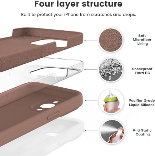 Image of DIZORO Compatible for iPhone 15 Pro Camera Protection Case 6.1, Slim Liquid Silicone 3 Layers Full Covered Soft Gel Rubber Phone Case Protective Cover - Brown