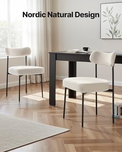 Image of VEVOR Boucle Dining Chairs Set of 2, Mid Century Modern Sherpa Accent Chairs, Upholstered Side Chair for Dining Room, Space-Saving White Kitchen Chair with Curved Backrest and Black Metal Legs