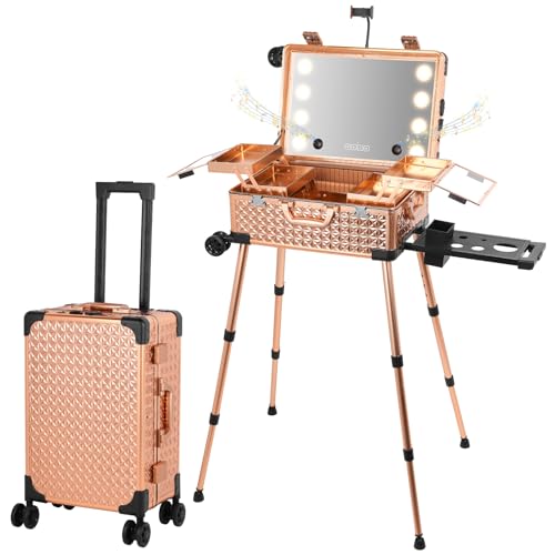 Rolling Makeup Train Case with Lighted Mirror & Bluetooth