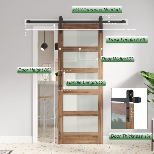 Image of FREDBECK 30in x 80in inch Glass Barn Door with 5.5FT Barn Door Hardware Kit with Handle Included,5-Panel Frosted Glass,Wood Panel,Water-Proof Surface,Need Assembly