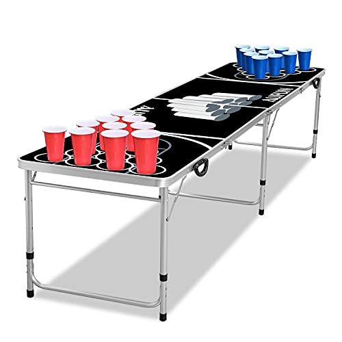 NAIZY Beer Pong Table avec 100 Gobelets et 5 Balles pour les Fêtes Premium Réglable en Hauteur en Aluminium et MDF - 242 x 62CM Noir