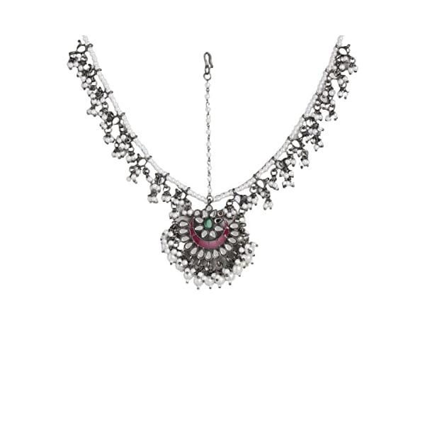 Accessher Traditional Silver Plated Stunning Mirrors and Meenakari Embellished Oxidized Mathapatti/Damini/Sheeshphool with Pearls for Women and Girls Pack of 1