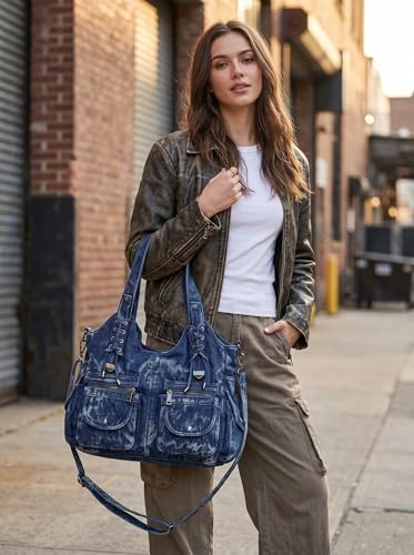 Image of Designer Denim Handbags for Women Hobo Tote Bag Crossbody Denim Purses Blue Jean Shoulder Bag