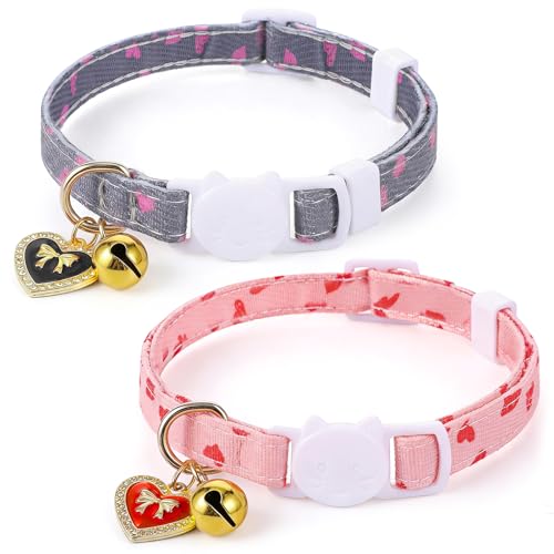 Xyembu 2 Pack Cotton Breakaway Cat Collar with Bell Pink and Gray Heart Shaped Cute Kitten Cat Collar Personalized Pink Strawberries and White Heart Shaped Pendant for Boy & Girl Cats
