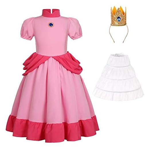 Nuehoryu Super Brothers Peach Costume for Girls Princess Dress with Crown Halloween Party Outfit Pink 5-6 Years