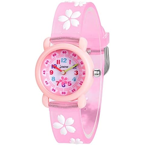 Girls Watch Kids Watches Pink Flower Fashion Cute Analog Quartz Wristwatch Time Teacher Gift for Ages 3-12 Children Waterproof Resin Strap Cover