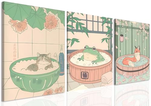 Framed Japanese Bathroom Wall Art Set of 3, Cute Tabby Cat Fox and Frog in Bathtub Pictures Wall Decor Paintings, Vintage Funny Animal Canvas Prints Home Decor for Restroom Toilet Spa Room 12x16 inch