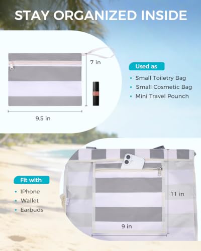 Image of WANDF Beach Bags for Women, Large Waterproof Sandproof Beach Tote Bag with Zipper Family Pool Bags with 40oz Tumbler Pocket, Swim Cruise Vacation Essentials (Grey)