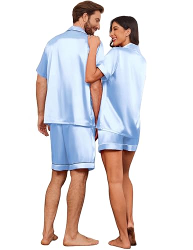 Image of Ekouaer Couple Matching Pajamas Sets Silk Short Sleeve Button Down Sleepwear Satin Pjs Shorts Set Soft Loungewear S-XXL