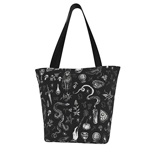 Antcreptson Witch In Black Prints Canvas Tote Bag Top Handle Purses Large Totes Reusable Handbags Cotton Shoulder Bags For Women Travel Work Shopping Grocery #TOP17