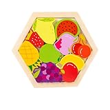 Design créatif de fruits: Puzzle tangram hexagonal avec des motifs colorés de fruits tels que pomme, banane, raisin ou ananas. Aide les enfants à reconnaître les couleurs et les formes de manière ludique