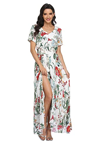 Image of VintageClothing Women's Floral Maxi Dresses Boho Button Up Split Summer Casual Long Dress Beach Party Dress