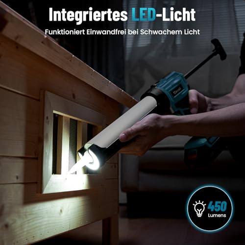 Uaoaii Akku-Kartuschenpistole Kompatibel mit Makita Batterie 18V, Elektrische Kartuschenpresse mit LED-Licht und 4 Geschwindigkeiten, für 300-ml-Kartuschen, Abdichten, Spachteln