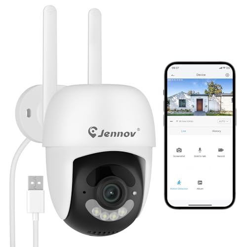 Jennov 2K Telecamera WiFi Esterno, 360° PTZ Videocamera Sorveglianza con Audio Bidirezionale, Tracciamento Automatico, Visione Notturna Colori, Registrazione 24/7, Rilevamento del Movimen