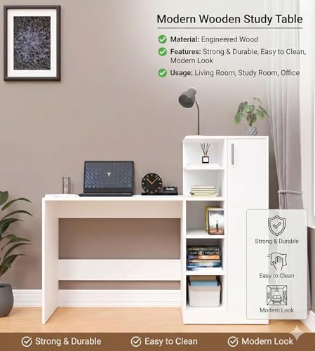 Image of Avenue Venture Multipurpose Desk for Office, Study with Book Storage Engineered Wood Multipurpose Table (Free Standing, Finish Color - Columbain White, DIY(Do-It-Yourself)) (White)
