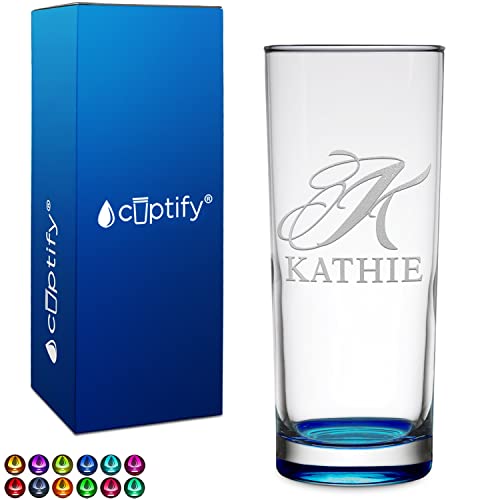 Cuptify Personalized Highball Glass Script Initial and Name 10 oz Light Blue Bottom Tall Straight Up Customizable Text Party Favor Decoration Birthday Gift