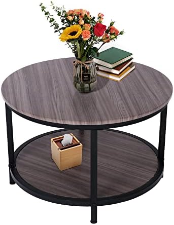 BIGTREE Round Coffee Table, Rustic Vintage Industrial Design 2-Tier Sofa Table with Storage Open Shelf and Metal Frame for Living Room, Easy Assembly (Walnut)