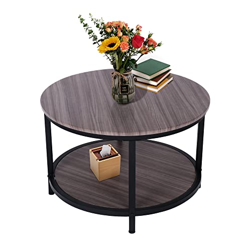 BIGTREE Round Coffee Table, Rustic Vintage Industrial Design 2-Tier Sofa Table with Storage Open Shelf and Metal Frame for Living Room, Easy Assembly (Walnut)