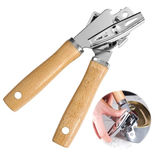 Apriscatole Manuale in Acciaio Inossidabile, 3 in 1 Multifunzione Apribottiglie, Apriscatole Professionale con Manico in Legno, Leva Apribottiglie per Bar, Ristoranti, Pazienti con Artrite