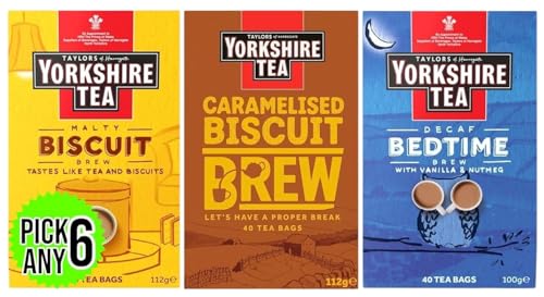 Yorkshire Tea Bags (Each Pack 40 Bags). Pick Any 6 from 3 Flavours Inc. Breakfasty Toast & Jam Brew, Malty Biscuit Brew and Decaf Bedtime Brew (Total 240 Bags)