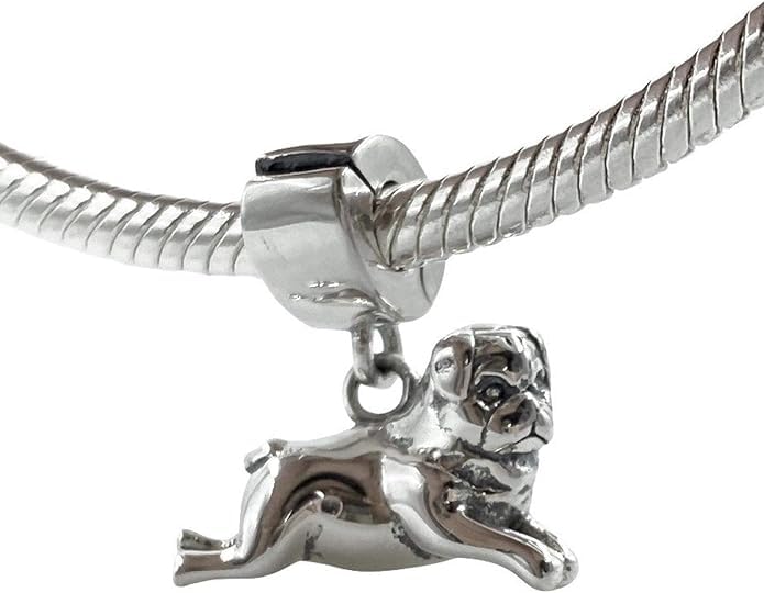 Image of PUG Puggle Mastiff Pug Dog Charm, 925 Sterling Silver Pug Dangle Bead Compatible with Pandora Bracelets, Dog Lover Gift Jewelry