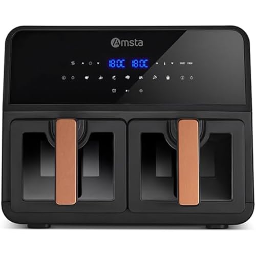 AMSTA Freidora de Aire Sin Aceite 9L Doble Cuba | 1700W | Panel Digital, 9 Programas, Ventana Transparente, Temporizador, Apagado Automático, Temperatura Regulable