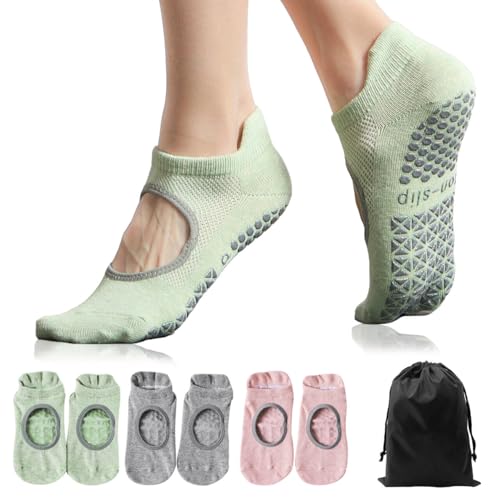 Grip Socks Pilates for Women - 3 Pairs Grippy Non Slip Sock with Straps for Yoga Ballet Dance