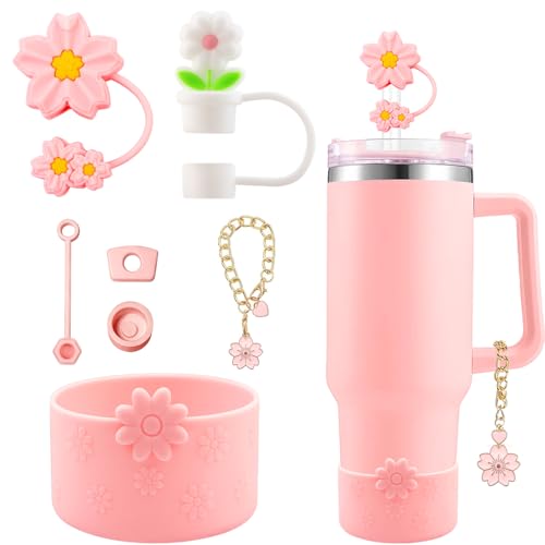 Hpebl 7Pcs Light Pink Cup Accessories for Stanley Cups 40/30oz Including Flower Silicone Boot Straw Cover Topper Spill-Proof Stopper Set Flower Handle Charm for Stanley Cup Tumbler Accessories