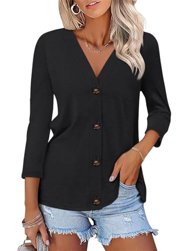 ORANDESIGNE Women's Button Down Shirts Summer 3/4 Length Sleeve Tops Basic Ladies Tees