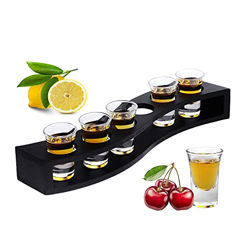 Jimbell Shot Glasses, Heavy Base Shot Glass Set with Tray - Professional Wooden Holder for Tequila - 6 Shot Glass Serving Set/Shot Glass Holder/Tequila Shot